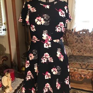 Ritzy Talbots Womens Black Pink White Floral A-line Midi Dress Size 12 NWT